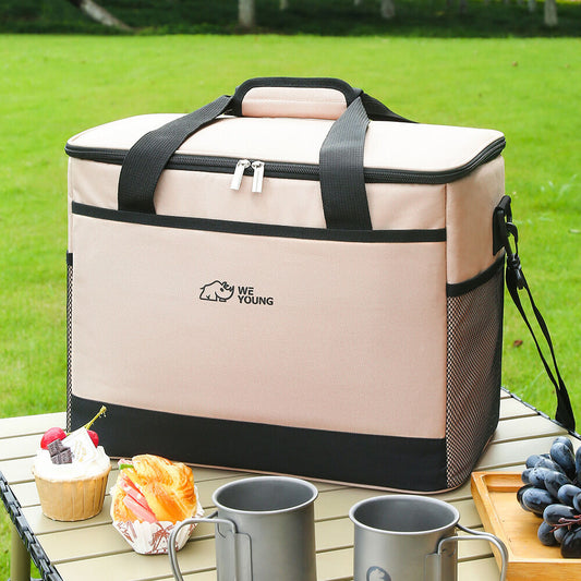 Beige Insulated Picnic Cooler Bag: Portable Waterproof Ice Bag for Outdoor Camping, Picnics & Home Use(30L)