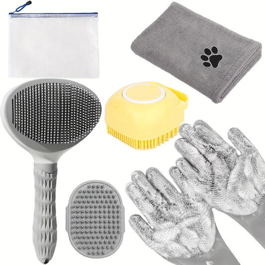 Grey 6-Piece Dog Grooming Bath Set - Absorbent Microfiber Towels & Wash Mitts for Shiny Coats